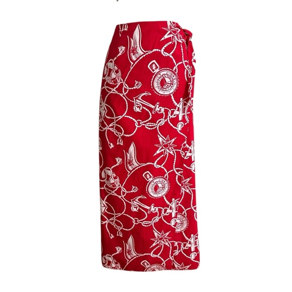 TALBOTS Vintage Red Cotton Nautical MIDI Wrap Skirt Americana Graphic Size 12 - Picture 3 of 14